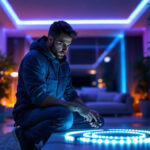 A photograph of a lighting contractor installing led tape lights in a modern home setting