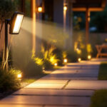 A photograph of a well-designed outdoor space featuring a floodlight with an integrated outlet