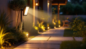 A photograph of a well-designed outdoor space featuring a floodlight with an integrated outlet
