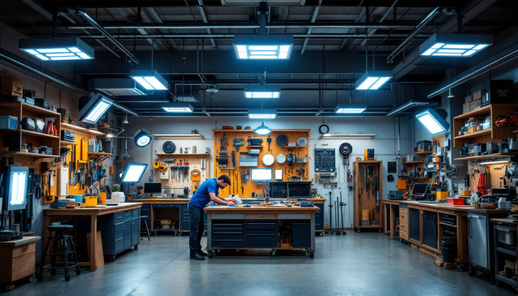 A photograph of a well-lit workshop or garage featuring various lowes led shop lights in use