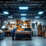 A photograph of a well-lit workshop or garage featuring various lowes led shop lights in use