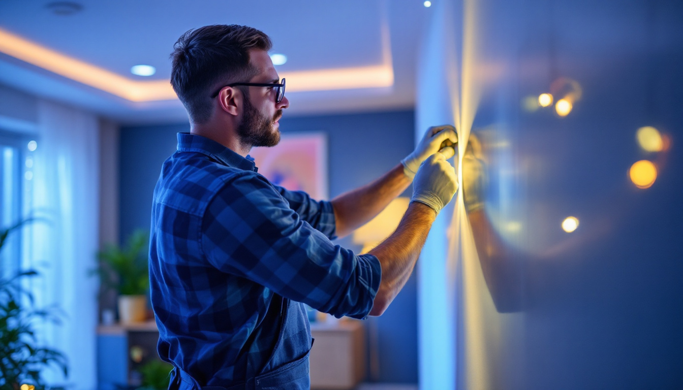 A photograph of a skilled lighting contractor installing vibrant led strip lights in a modern interior setting