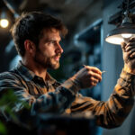 A photograph of a lighting contractor installing led bulbs in a can light fixture
