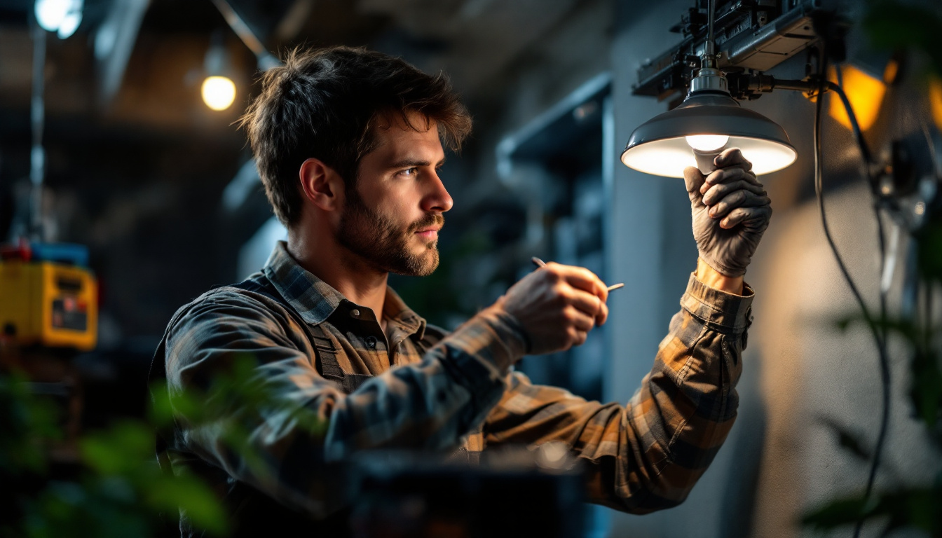 A photograph of a lighting contractor installing led bulbs in a can light fixture