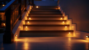 A photograph of a beautifully illuminated side mount stair lighting installation