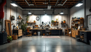 A photograph of a well-lit garage space showcasing bright