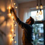 A photograph of a lighting contractor in action