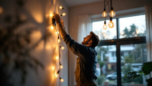A photograph of a lighting contractor in action