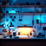 A photograph of a well-lit workspace showcasing various uv lights and lamps in use