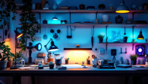A photograph of a well-lit workspace showcasing various uv lights and lamps in use