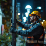 A photograph of a lighting contractor installing led pole lights in an outdoor urban setting