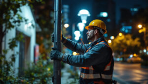 A photograph of a lighting contractor installing led pole lights in an outdoor urban setting