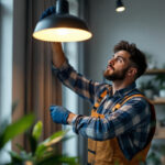A photograph of a lighting contractor expertly installing a type c lamp in a modern setting