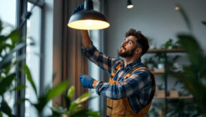 A photograph of a lighting contractor expertly installing a type c lamp in a modern setting