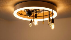 A photograph of a modern ceiling light fixture showcasing its intricate parts and design evolution
