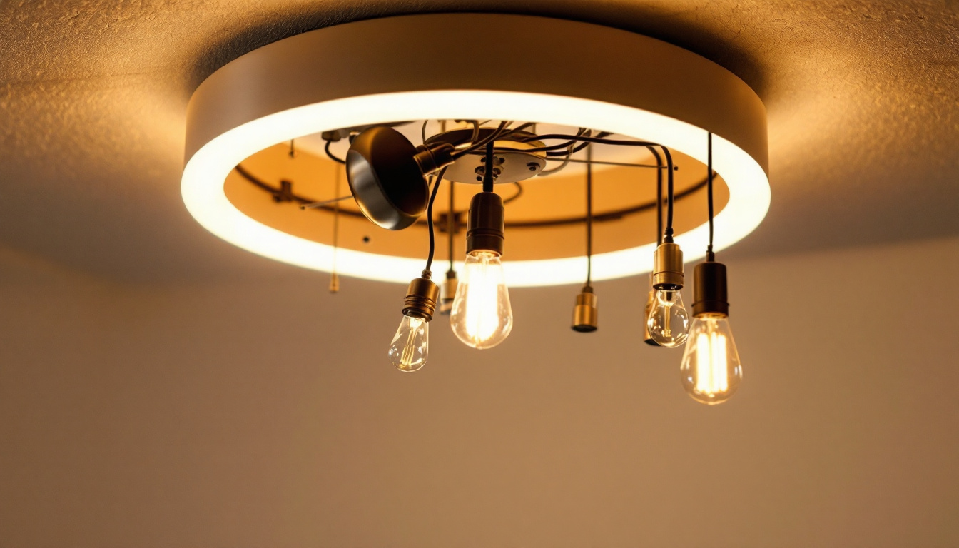 A photograph of a modern ceiling light fixture showcasing its intricate parts and design evolution