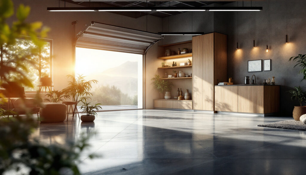 A photograph of a modern garage illuminated with natural light