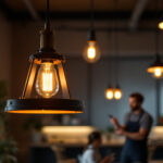 A photograph of a stylish industrial light pendant hanging in a modern interior setting