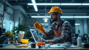 A photograph of a well-lit workspace featuring a lighting contractor installing or inspecting led fluorescent tube light fixtures