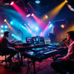 A photograph of a vibrant music studio scene that showcases an array of dynamic lighting setups