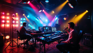 A photograph of a vibrant music studio scene that showcases an array of dynamic lighting setups