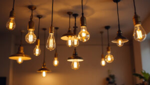 A photograph of a well-lit room featuring a variety of stylish ceiling lights with visible bulbs