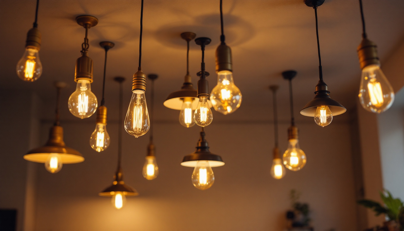 A photograph of a well-lit room featuring a variety of stylish ceiling lights with visible bulbs