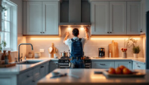 A photograph of a beautifully designed kitchen featuring under cabinet led lights illuminating the workspace