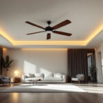 A photograph of a spacious room with high ceilings featuring a stylish large ceiling fan