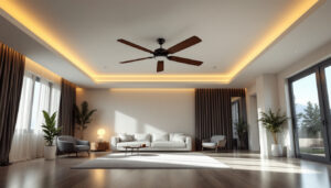 A photograph of a spacious room with high ceilings featuring a stylish large ceiling fan