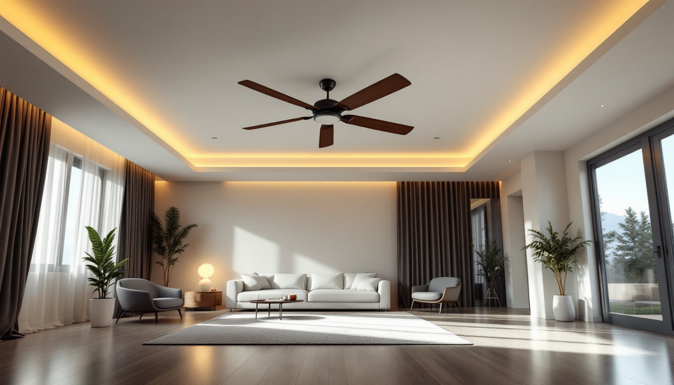 A photograph of a spacious room with high ceilings featuring a stylish large ceiling fan