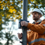 A photograph of a lighting contractor skillfully demonstrating the safe and proper technique for switching a pole light