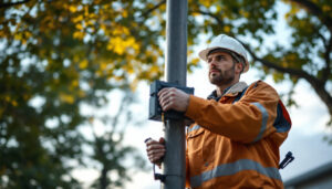 A photograph of a lighting contractor skillfully demonstrating the safe and proper technique for switching a pole light