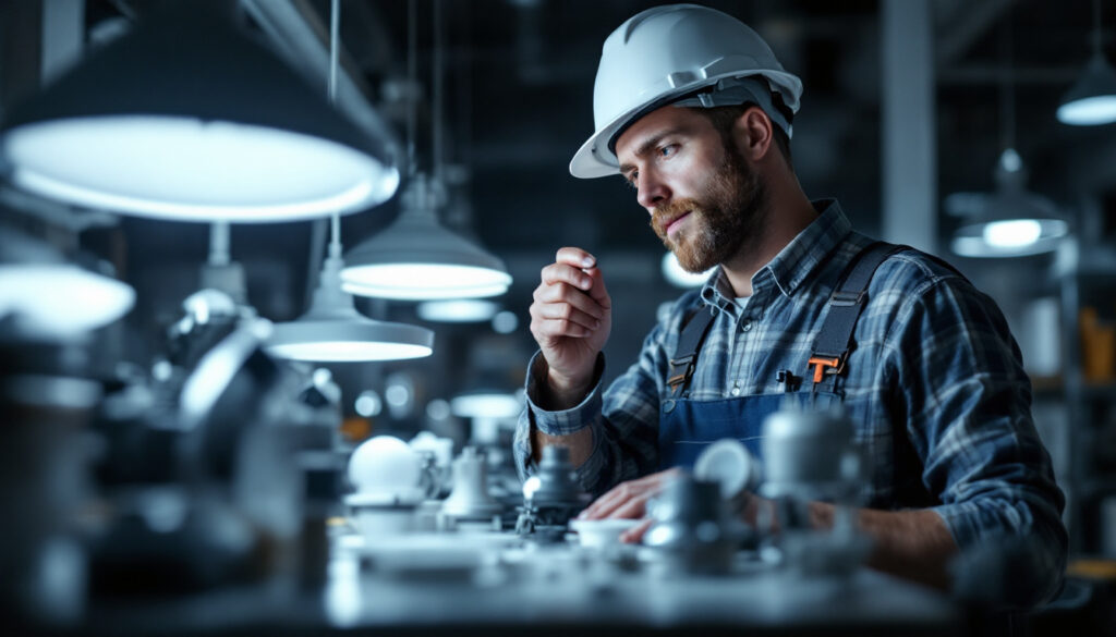 A photograph of a lighting contractor examining various indoor led fixtures in a well-lit space