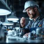 A photograph of a lighting contractor examining various indoor led fixtures in a well-lit space