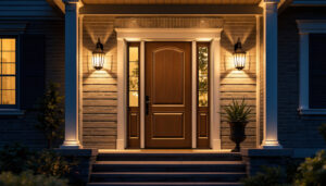 A photograph of a beautifully illuminated exterior door showcasing stylish lighting fixtures that enhance the home's entrance