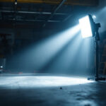 A photograph of a well-lit garage interior showcasing a high-quality flood light in action