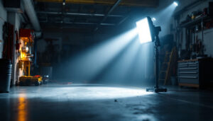 A photograph of a well-lit garage interior showcasing a high-quality flood light in action