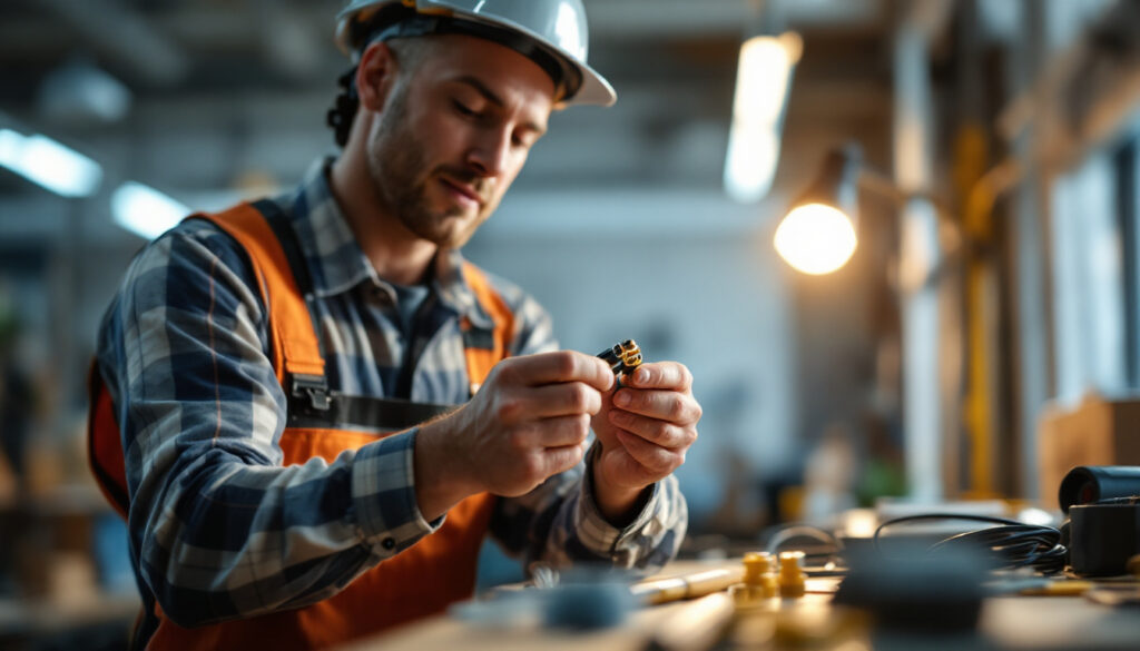 A photograph of a skilled lighting contractor demonstrating the process of connecting wire connectors