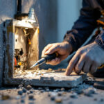 A photograph of a skilled lighting contractor carefully sealing a waterproof electrical box with silicone or a similar material