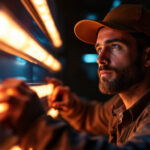 A photograph of a lighting contractor working in a dimly lit environment