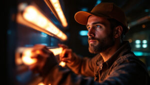 A photograph of a lighting contractor working in a dimly lit environment