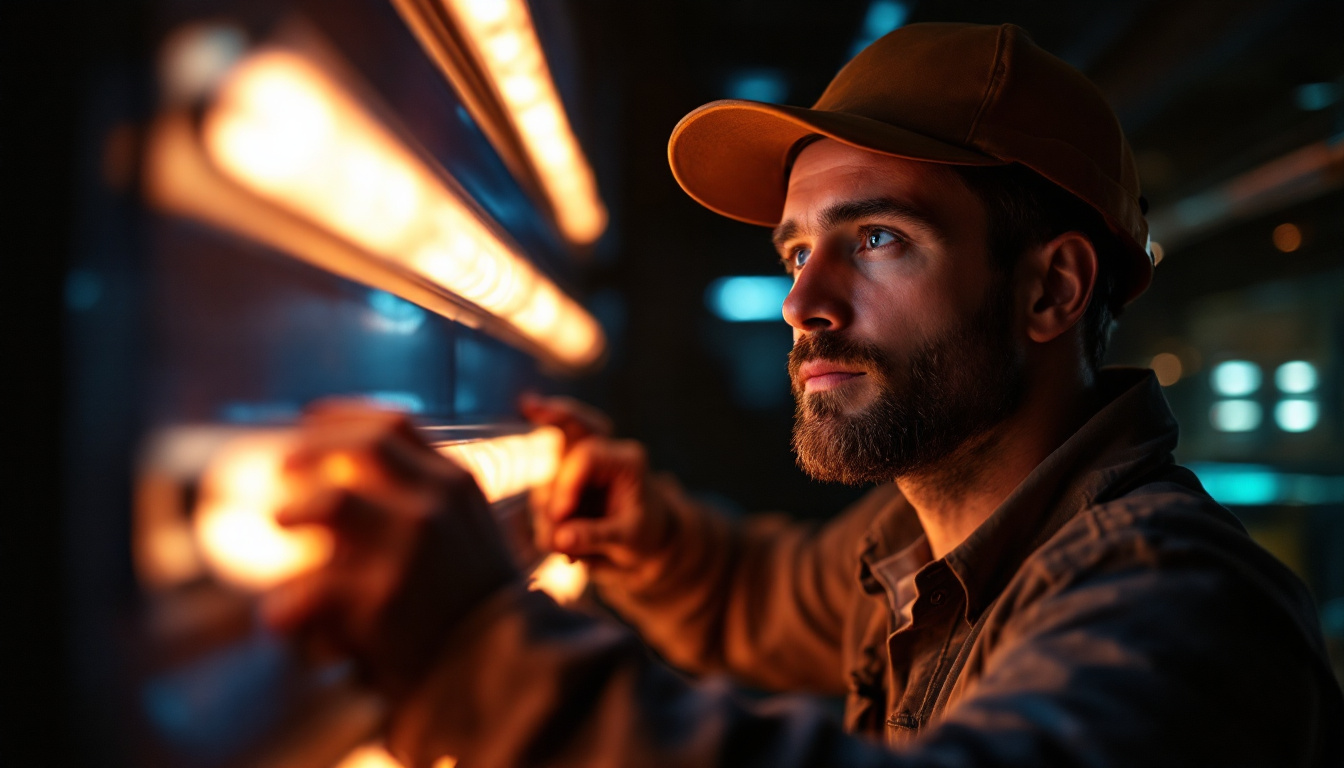 A photograph of a lighting contractor working in a dimly lit environment