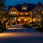 A photograph of a beautifully lit driveway at dusk
