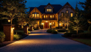 A photograph of a beautifully lit driveway at dusk