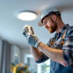 A photograph of a skilled lighting contractor installing recessed lighting housings in a modern home setting