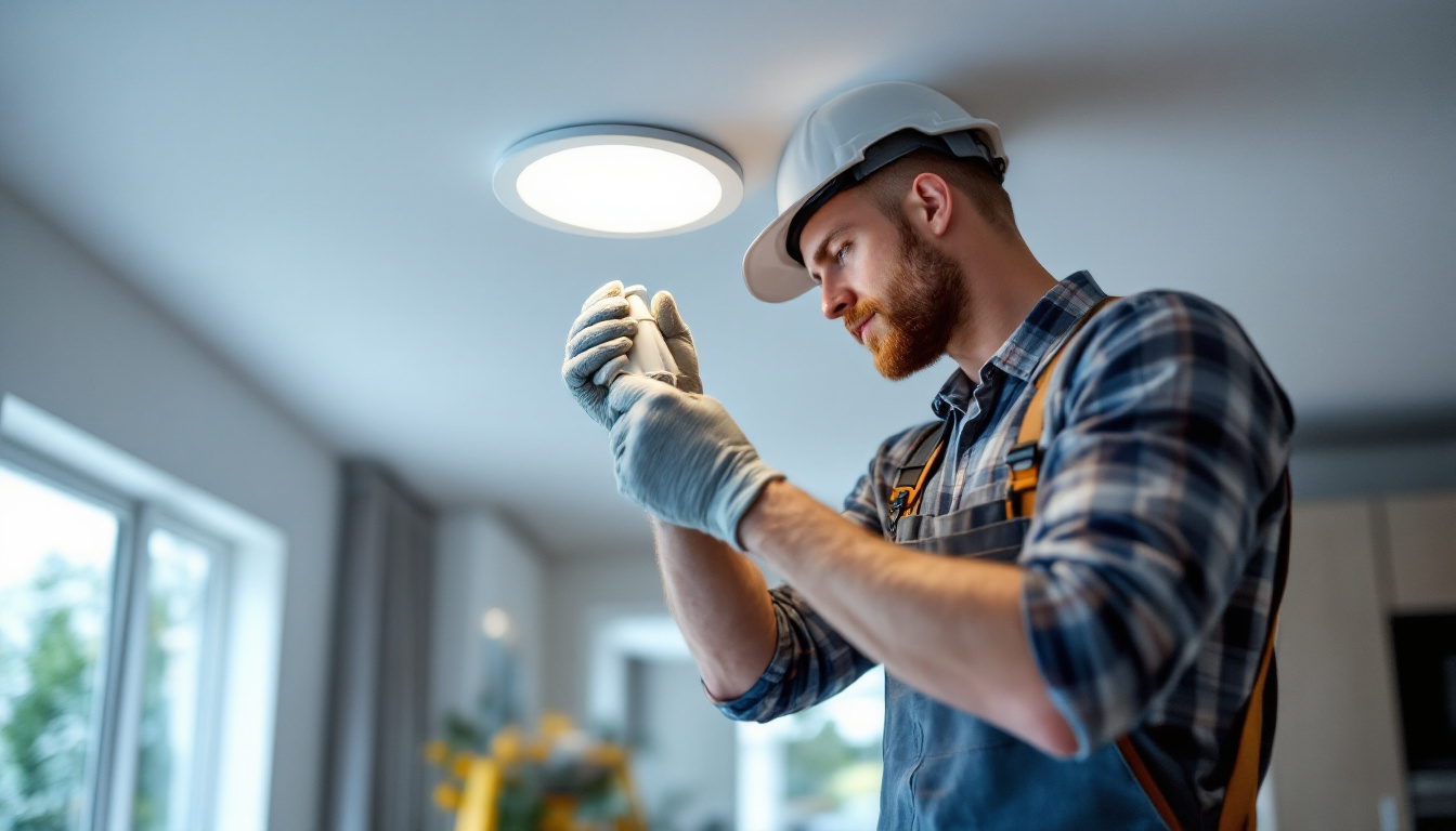 A photograph of a skilled lighting contractor installing recessed lighting housings in a modern home setting