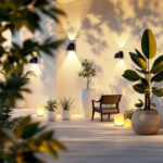 A photograph of a well-lit outdoor space featuring various types of decorative and functional lighting fixtures