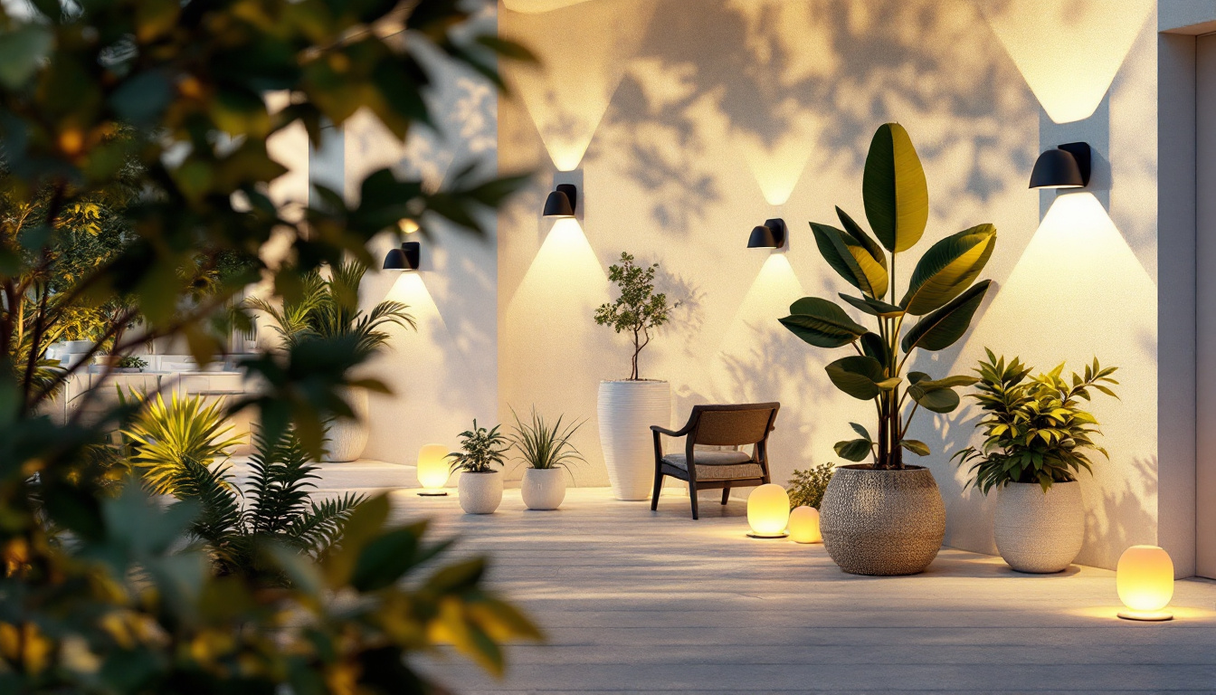 A photograph of a well-lit outdoor space featuring various types of decorative and functional lighting fixtures
