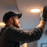A photograph of a skilled lighting contractor installing low voltage recessed lighting in a modern interior space
